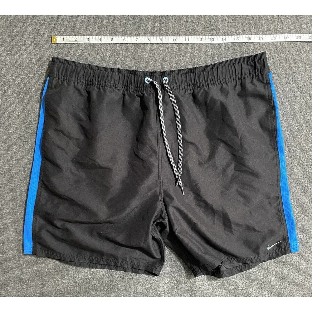 Nike Mens Black Blue Stripe Swim Trunks Lined Athletic Shorts NESS7400 L